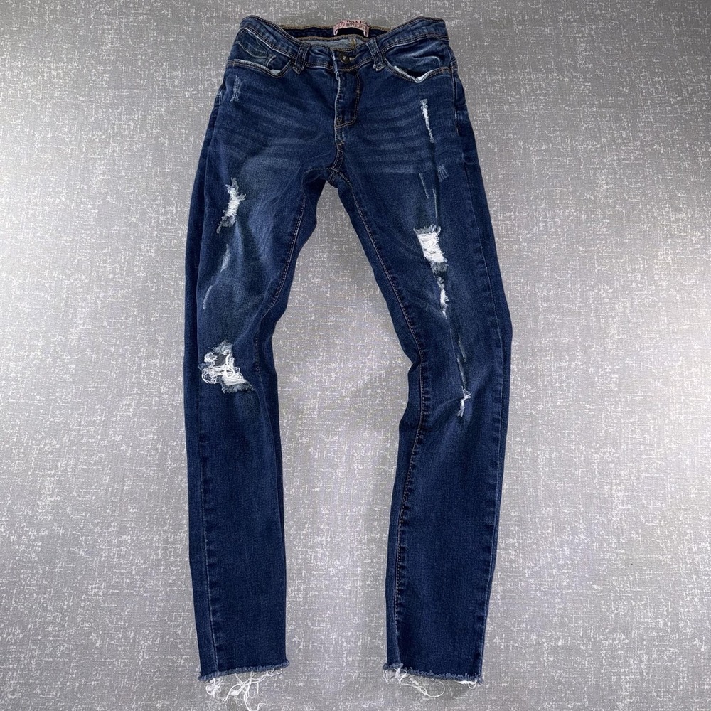 WAX JEAN Jeans Juniors 3 Blue Dark Wash Mid Rise Skinny Distressed Frayed Hem